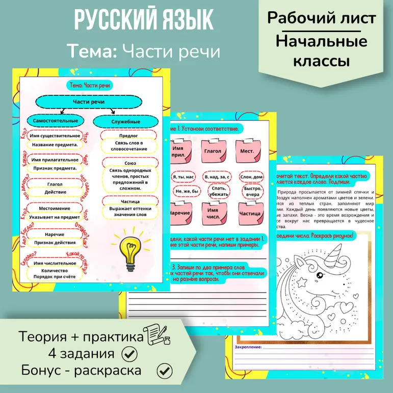 Рабочий лист по русскому языку «Части речи: систематизация изученного» (начальные классы)