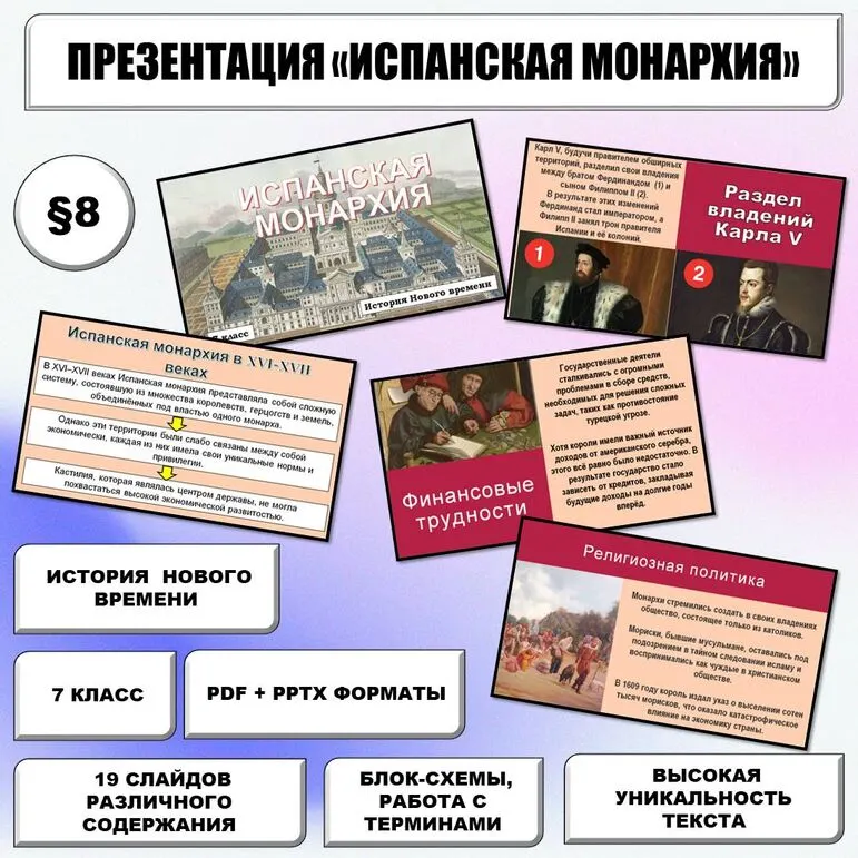 Презентация по истории Нового времени «Испанская монархия» (7 класс)