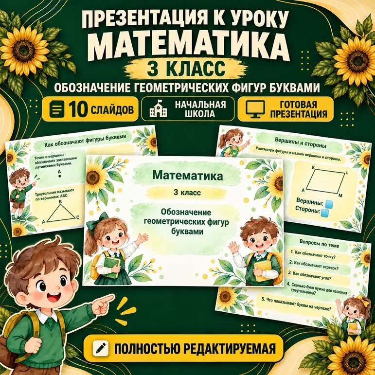 Обозначение геометрических фигур буквами. Математика, 3 класс | Готовая презентация к уроку.