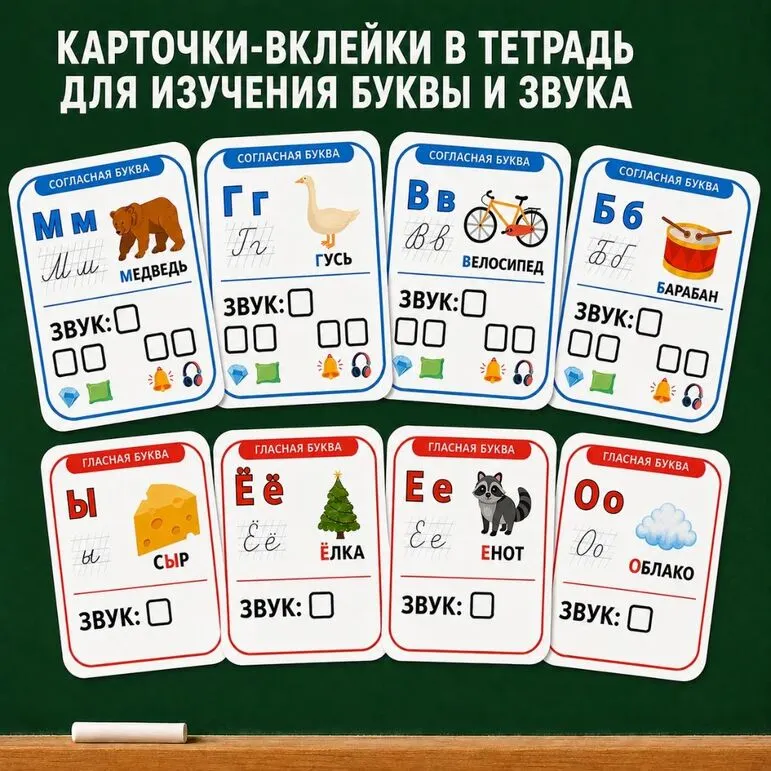 Карточки-вклейки в тетрадь для изучения буквы и звука