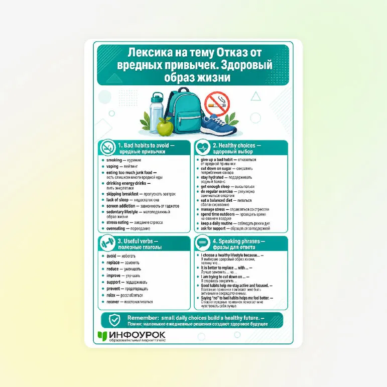 Памятка «Лексика на тему Отказ от вредных привычек. Здоровый образ жизни»