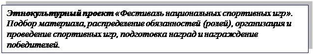 Надпись: Этнокультурный проект «Фестиваль национальных спортивных игр». Подбор материала, распределение обязанностей (ролей), организация и проведение спортивных игр, подготовка наград и награждение победителей.