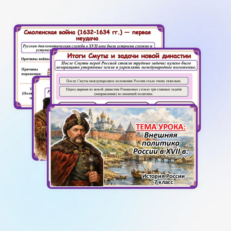 Презентация по истории России: «Внешняя политика России в XVII в.», 7 класс. Мединский.