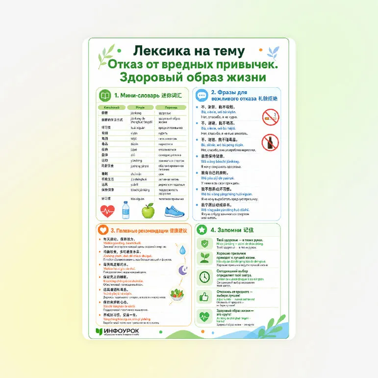 Памятка «Лексика на тему Отказ от вредных привычек. Здоровый образ жизни»