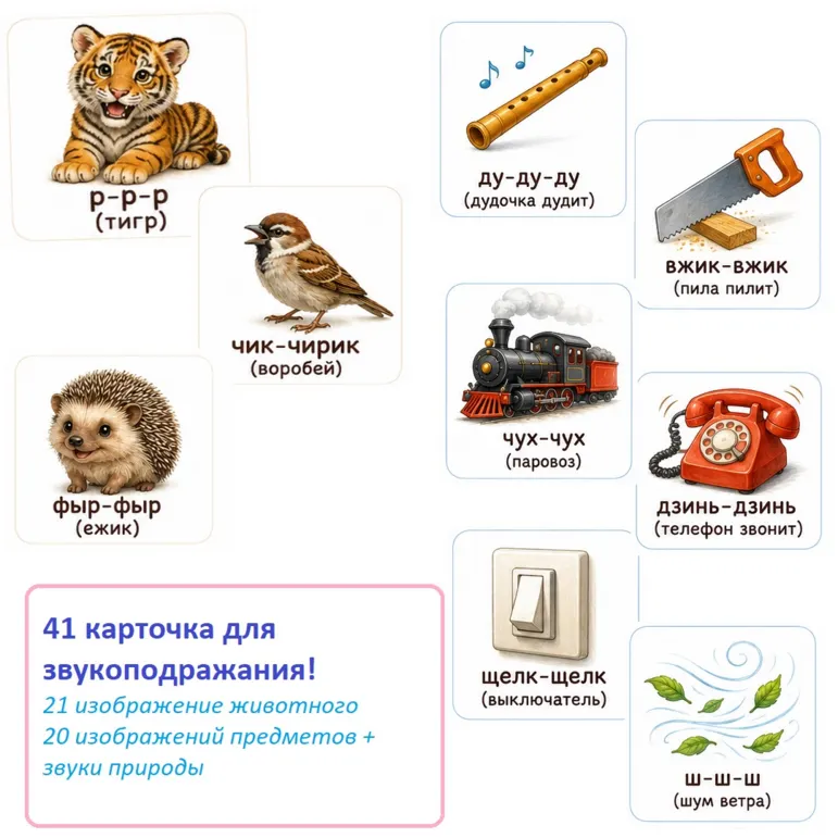 Логопедические карточки для звукоподражания