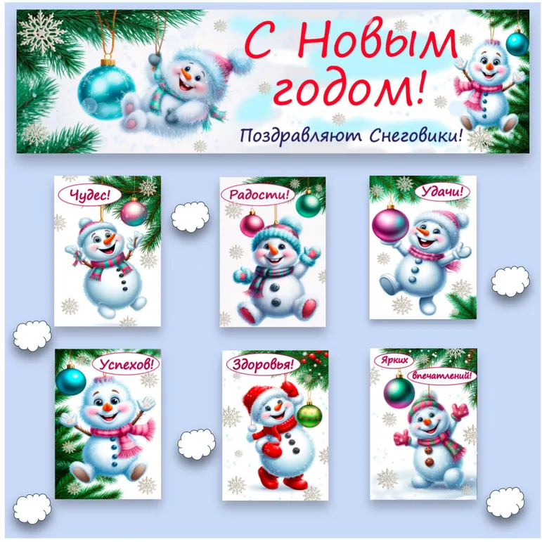 Оформление доски, стенда к Новому году. Снеговики (баннер и плакаты)