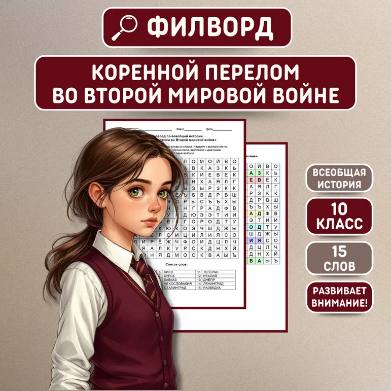 Филворд по всеобщей истории «Коренной перелом во Второй мировой войне» 10 класс
