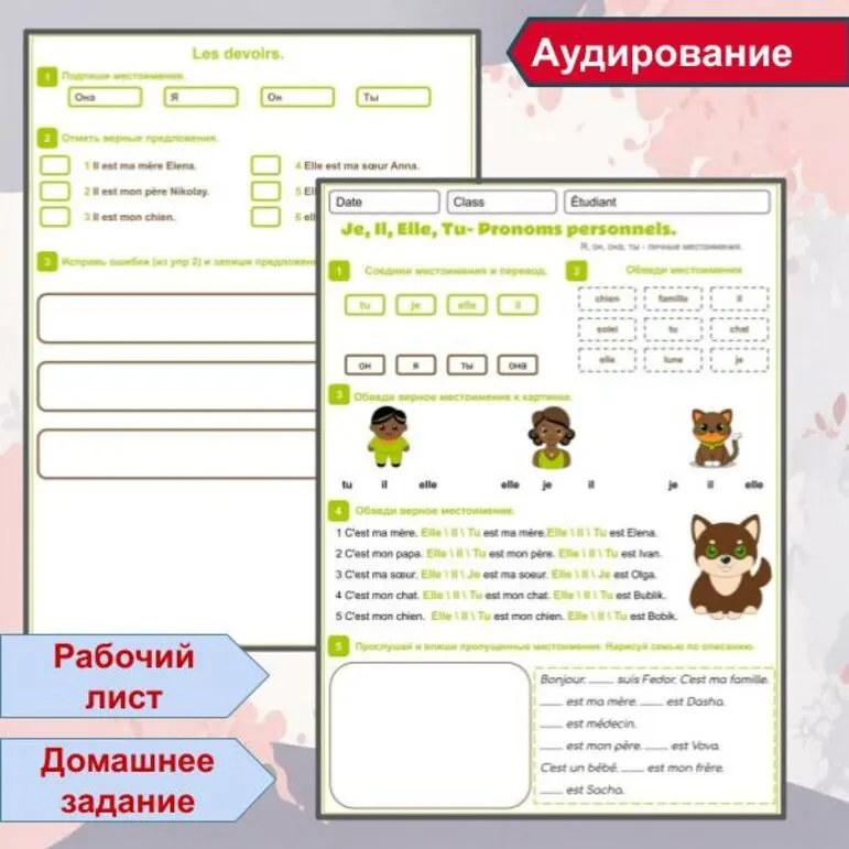 Рабочий лист (+аудирование) + Домашнее задание по теме Личные местоимения в единственном числе Pronoms personnels (Je, Il, Elle, Tu) на примере темы la famille \ Семья.