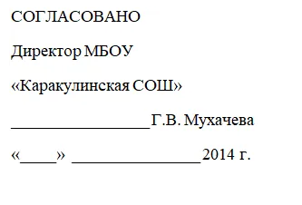 Надпись: СОГЛАСОВАНО
Директор МБОУ 
«Каракулинская СОШ»
________________ Г.В. Мухачева
«____»  _______________ 2014 г.
