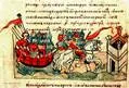 Поход Олега на Царьград.Миниатюра Радзивилловской летописи XIII в. 