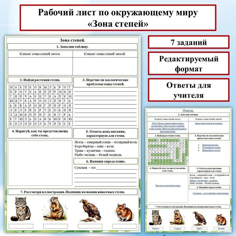 Рабочий лист по окружающему миру на тему: «Зона степей». Природные зоны России.