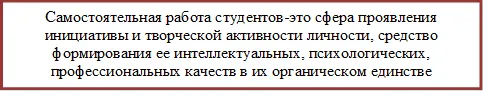 Самостоятельная работа студентов-это сфера проявления инициативы и творческой активности личности, средство формирования ее интеллектуальных, психологических, профессиональных качеств в их органическом единстве






