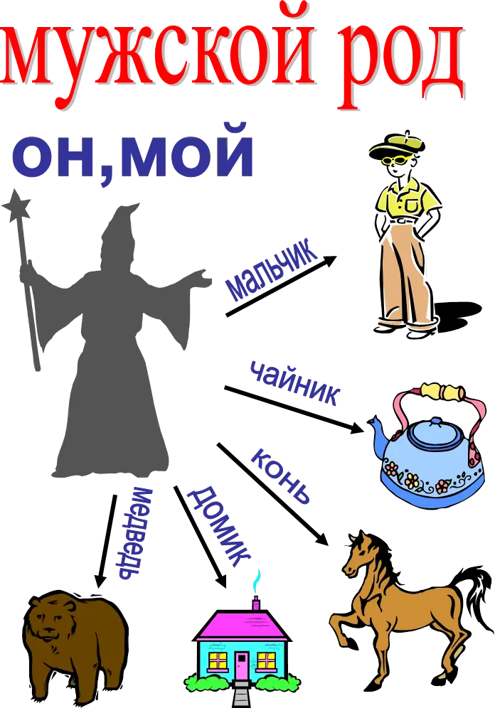 мужской род,он,мой,мальчик,чайник,конь,домик,медведь