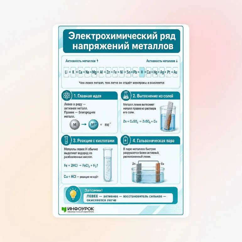 Памятка «Электрохимический ряд напряжений металлов»