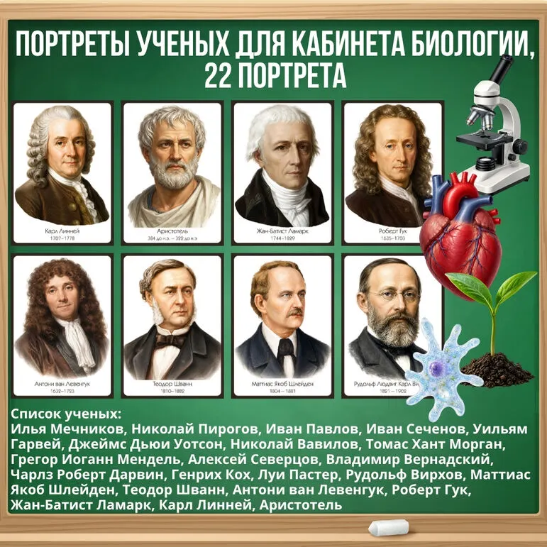 Оформление кабинета биологии. Портреты ученых, 22 портрета