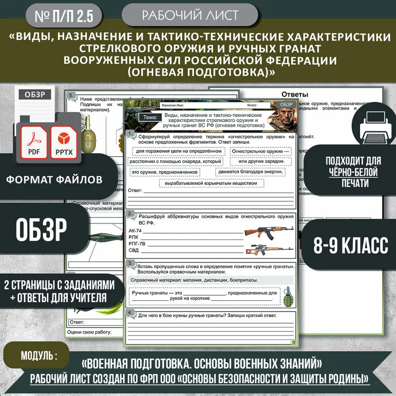 Рабочий лист «Виды, назначение и тактико-технические характеристики стрелкового оружия и ручных гранат Вооруженных Сил Российской Федерации (огневая подготовка)». ОБЗР 8-9 класс
