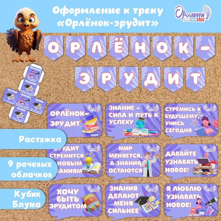 Оформление «Орлята России» (речевые облачка Орленок-эрудит, растяжка). Трек «Орлёнок-эрудит»