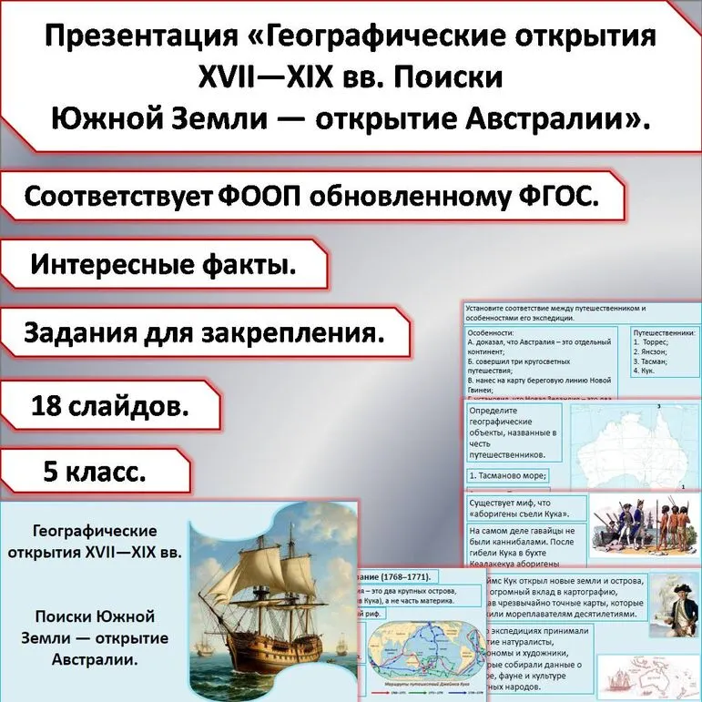 Презентация «Географические открытия XVII—XIX вв. Поиски Южной Земли — открытие Австралии».