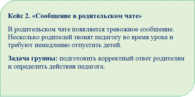 Кейс 2. «Сообщение в родительском чате»
В родительском чате появляется тревожное сообщение. Несколько родителей звонят педагогу во время урока и требуют немедленно отпустить детей.
Задача группы: подготовить корректный ответ родителям и определить действия педагога.

