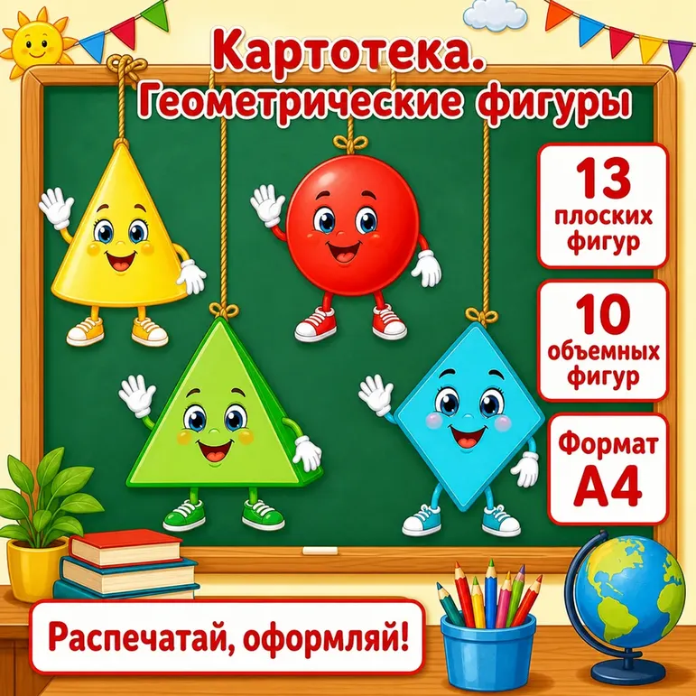 Картотека. Геометрические фигуры. Демонстрационный материал.