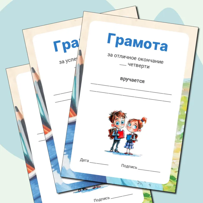 Грамоты за окончание четверти (1, 2, 3, 4, первой второй третьей, четвёртой). Комплект грамот.