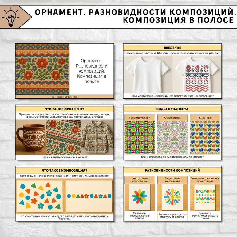 Презентация «Орнамент. Разновидности композиций. Композиция в полосе» (1 класс)