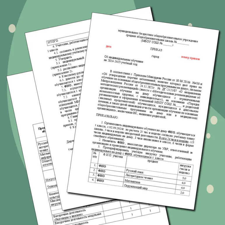 Приказ об индивидуальном обучении на дому 1 класс (НОО) с индивидуальным учебным планом ЗПР вариант 7.2