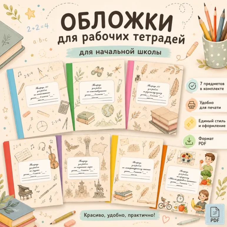 Обложки на рабочие тетради для 2 класса по всем предметам