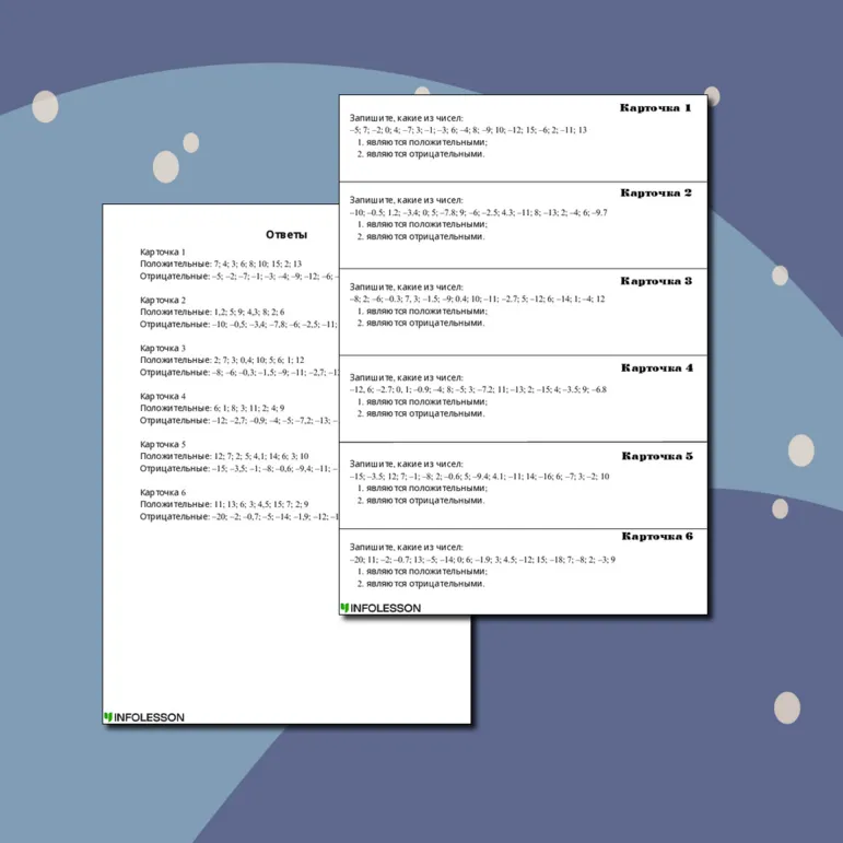 Карточки-пятиминутки по математике по теме «Математика. Положительные и отрицательные числа»