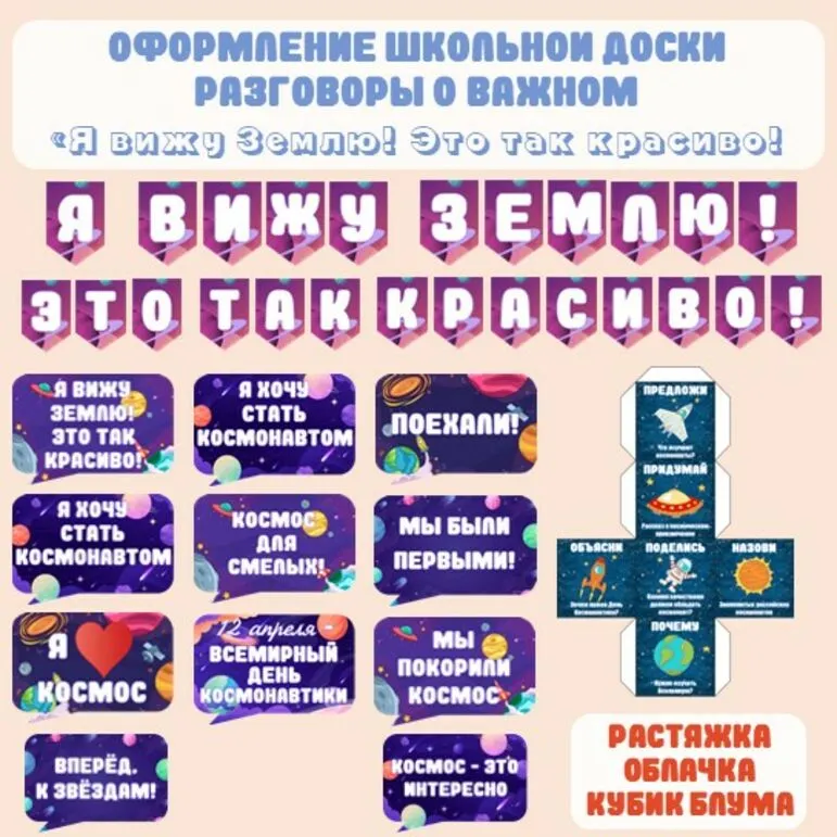 Оформление доски (растяжка, речевые облачка, кубик Блума), «День космонавтики»