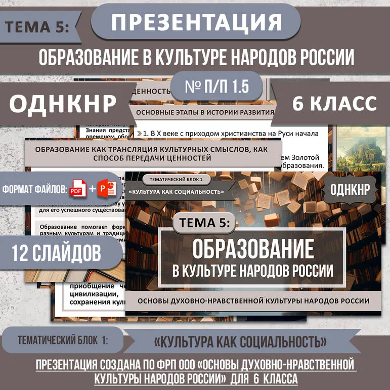 Презентация ОДНКНР «Образование в культуре народов России» 6 класс. Разработана по ФРП. Тема 5: тем. блок 1. № п/п 1.5