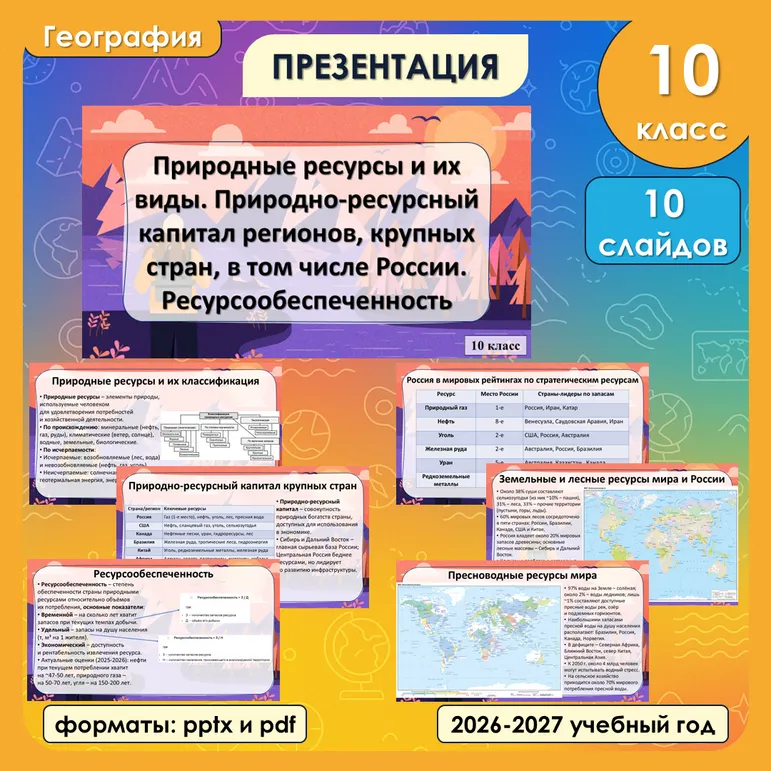 Презентация «Природные ресурсы и их виды. Природно-ресурсный капитал регионов, крупных стран, в том числе России. Ресурсообеспеченность» по географии, 10 класс