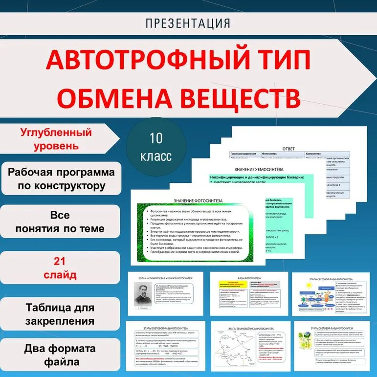 Презентация. «Автотрофный тип обмена веществ» Биология 10 класс. Углубленный уровень