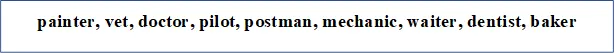 painter, vet, doctor, pilot, postman, mechanic, waiter, dentist, baker