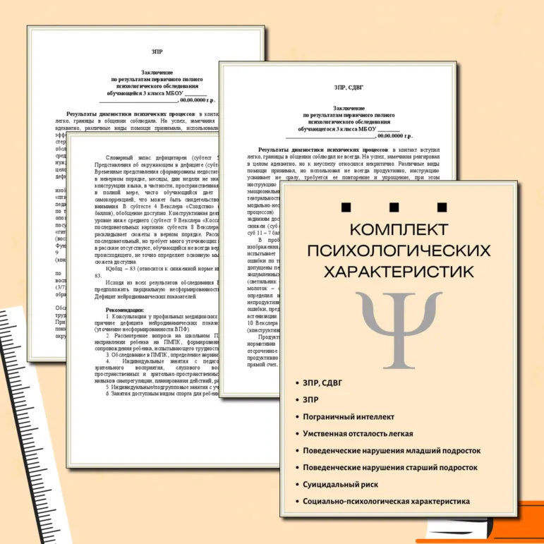 Комплект: психологическая характеристика ЗПР, СДВГ, УО, поведенческие нарушения; Представление на ПМПК