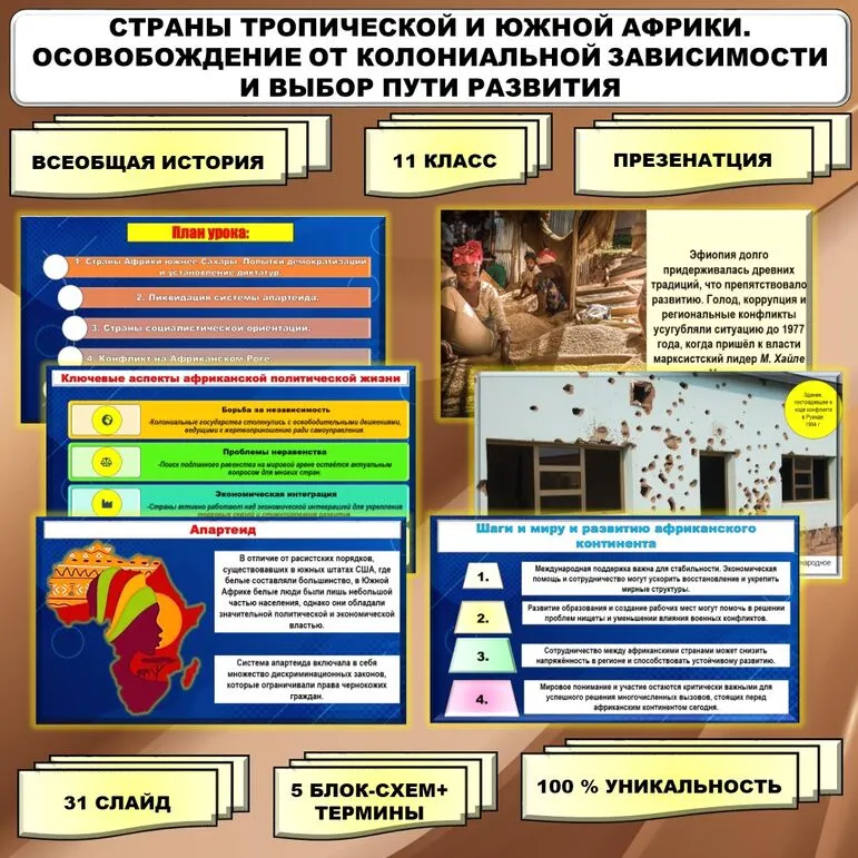 Презентация по теме «Страны Тропической и Южной Африки. Освобождение от колониальной зависимости и выбор пути развития». // Учебник Авт. Мединский В.Р., Чубарьян А.О. Соответствует ФРП СОО. История. Базовый уровень. 11 класс.