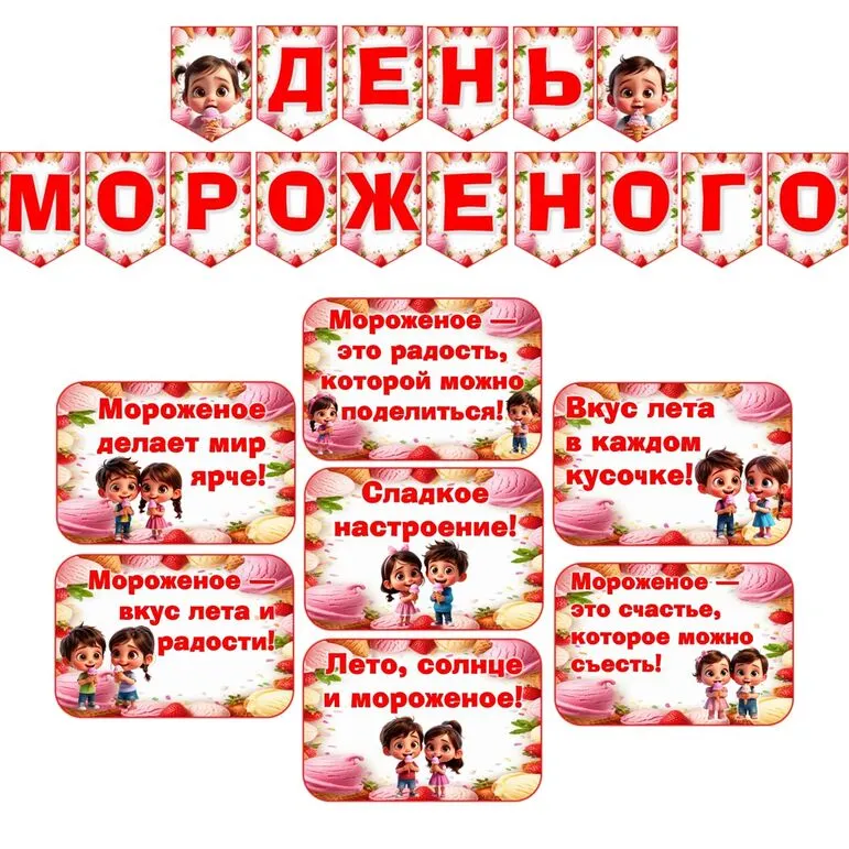 Оформление на «День мороженого»: растяжка и речевые облачка. Добавлен редактируемый файл.