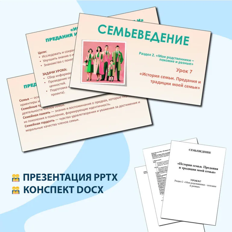Семьеведение. «История семьи. Предания и традиции моей семьи». Конспект и презентация. Урок 7. Презентация и конспект.