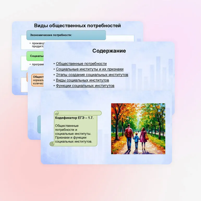 Презентация к ЕГЭ по обществознанию 1.7. Общественные потребности и социальные институты. Признаки и функции социальных институтов.