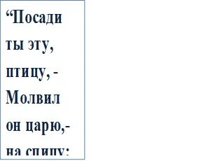 “Посади ты эту, птицу, -
Молвил он царю,- на спицу;
Петушок мой золотой
Будет верный сторож твой: 

