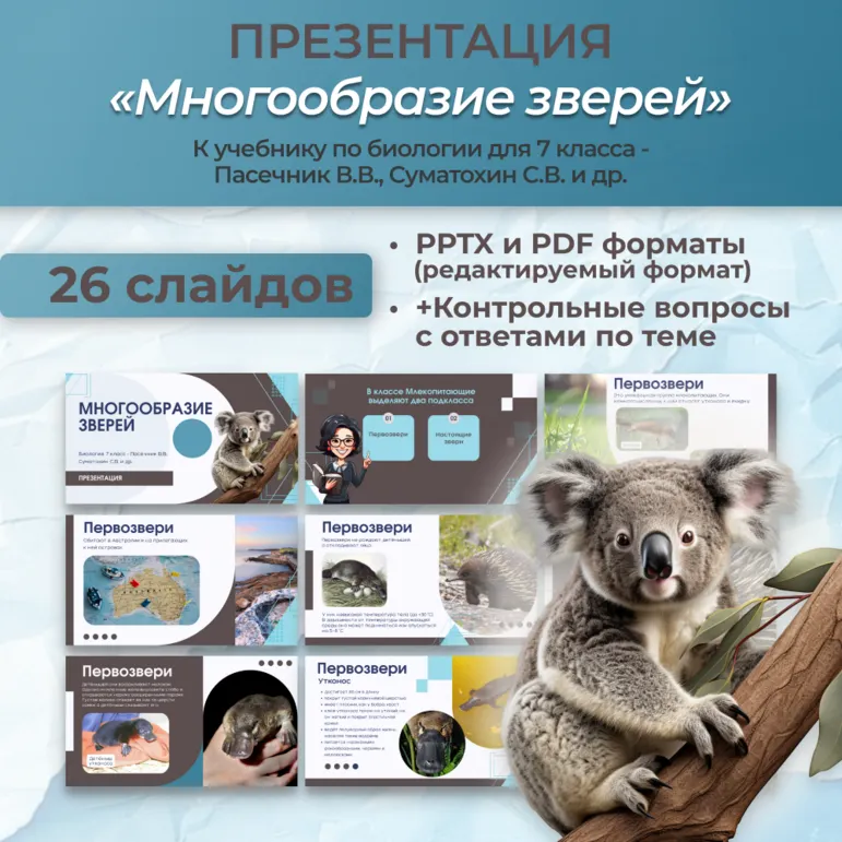 Презентация «Многообразие зверей» к учебнику по биологии для 7 класса- Пасечник В.В., Суматохин С.В. и др.
