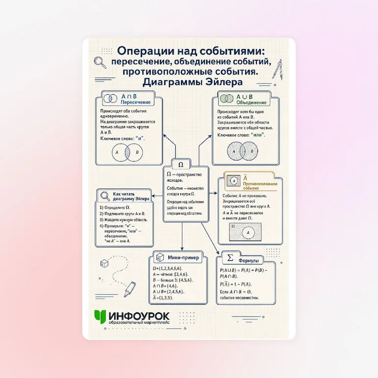 Схема «Операции над событиями: пересечение, объединение событий, противоположные события. Диаграммы Эйлера»