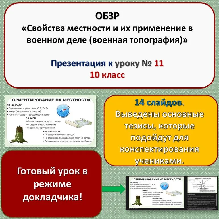 Презентация по ОБЗР «Свойства местности и их применение в военном деле (военная топография)» (10 класс, урок № 11)