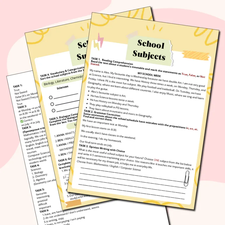 Рабочий лист на тему «School Subjects» (Школьные предметы)
