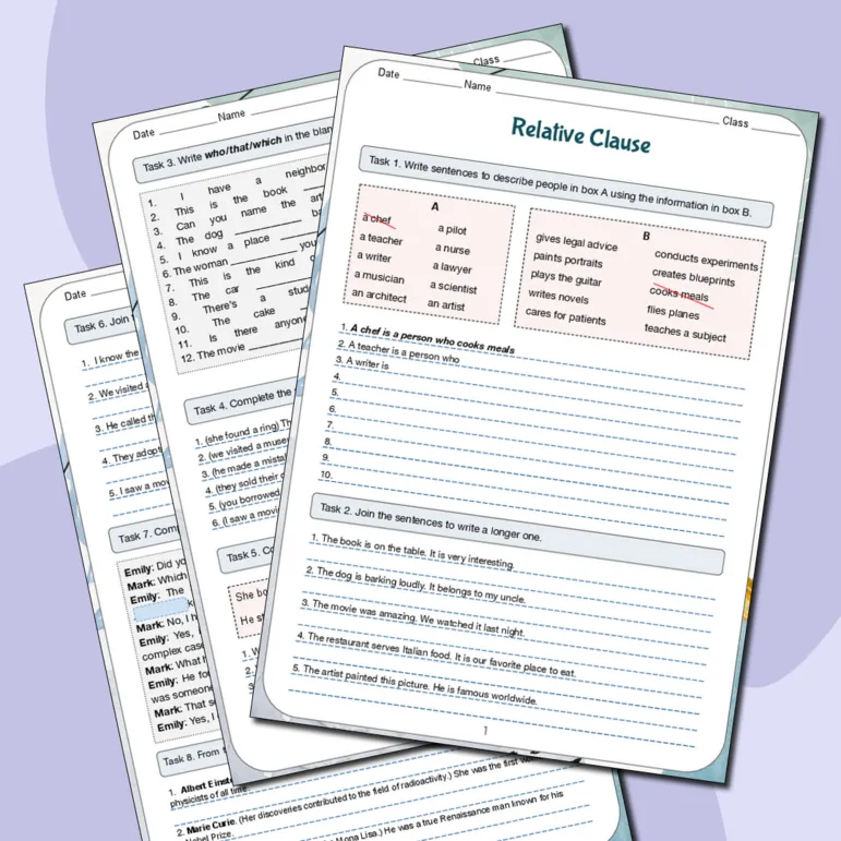 Рабочий лист Relative Clause. Придаточные определительные предложения