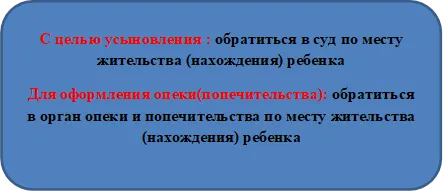 С целью усыновления : обратиться в суд по месту жительства (нахождения) ребенка
Для оформления опеки(попечительства): обратиться в орган опеки и попечительства по месту жительства (нахождения) ребенка
