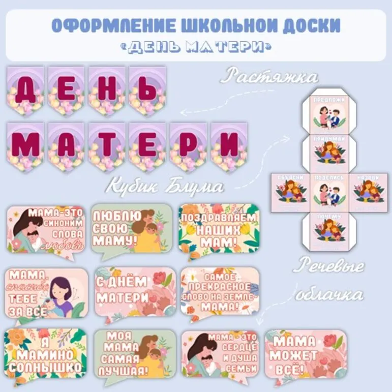 Оформление доски (растяжка, речевые облачка, кубик Блума) «День матери»