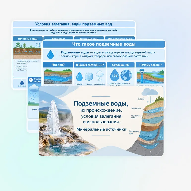 Презентация: Подземные воды, их происхождение, условия залегания и использования. Минеральные источники.