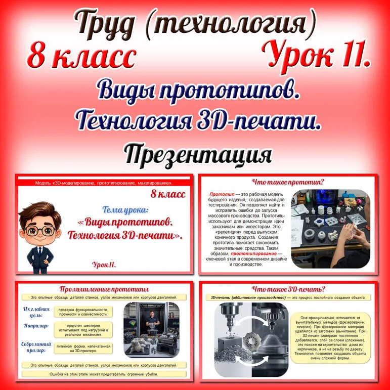 Презентация «Виды прототипов. Технология 3D-печати». Труд (технология). 8 класс. Урок 11.