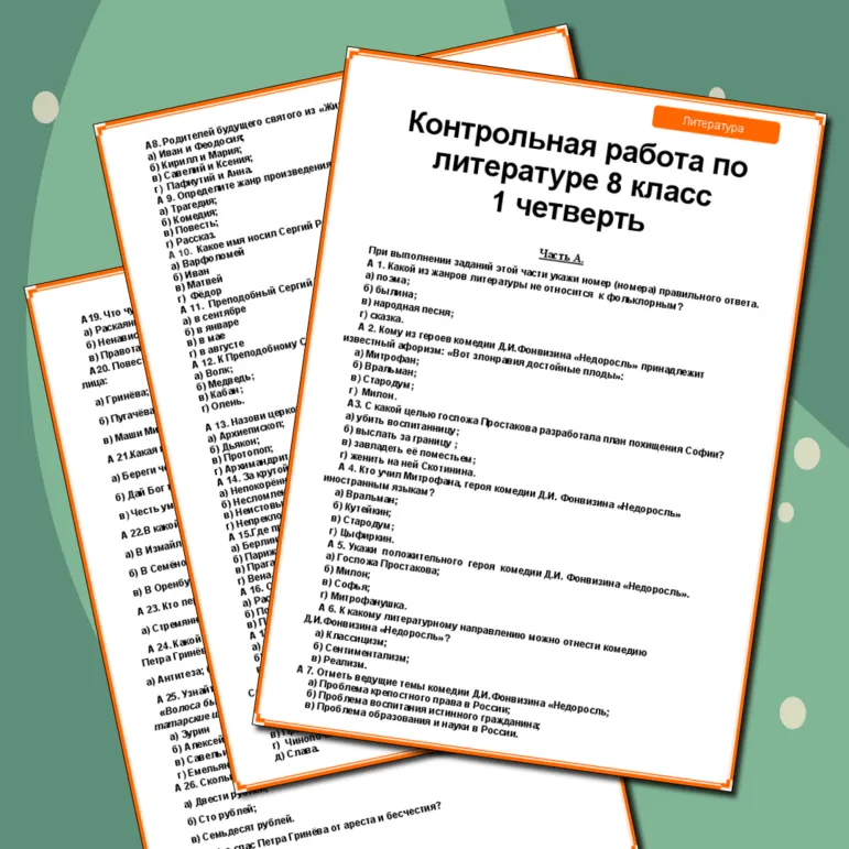 Контрольная работа по литературе за 1 четверть 8 класс